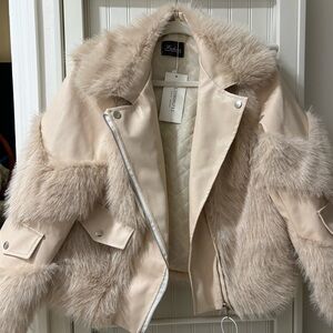 Cream Faux Fur & Faux Leather Moto Jacket | Quilted Lined | Size S